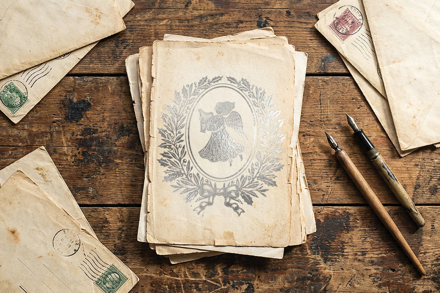 A stack of vintage aged paper letters with a central illustration of an angel, displayed on a rustic wooden table alongside old stamps and two fountain pens. From Iron Orchid Designs