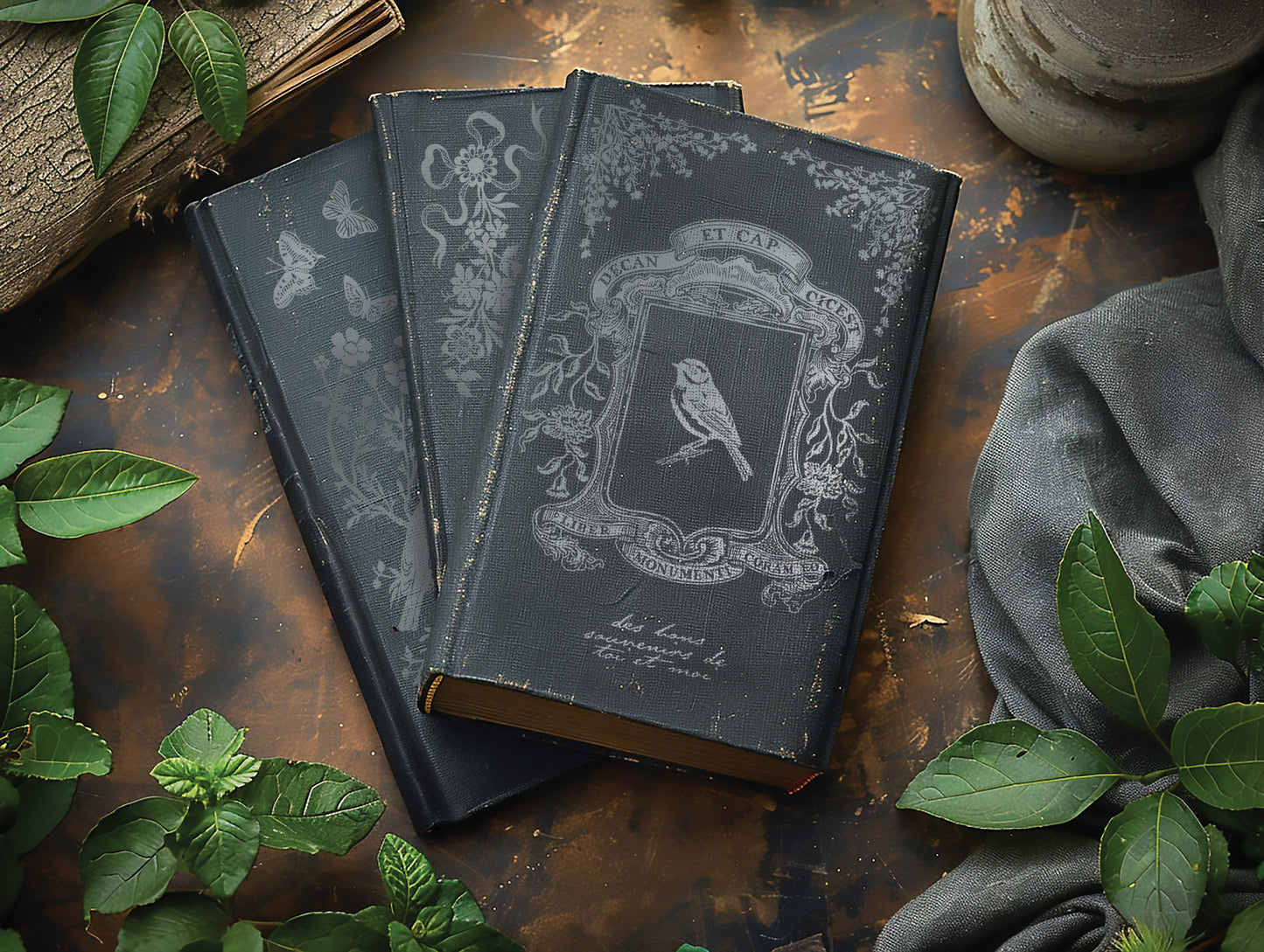 Decorative black books with ornate silver designs from Iron Orchid Designs Papillon transfer on a rustic wooden surface with green leaves.