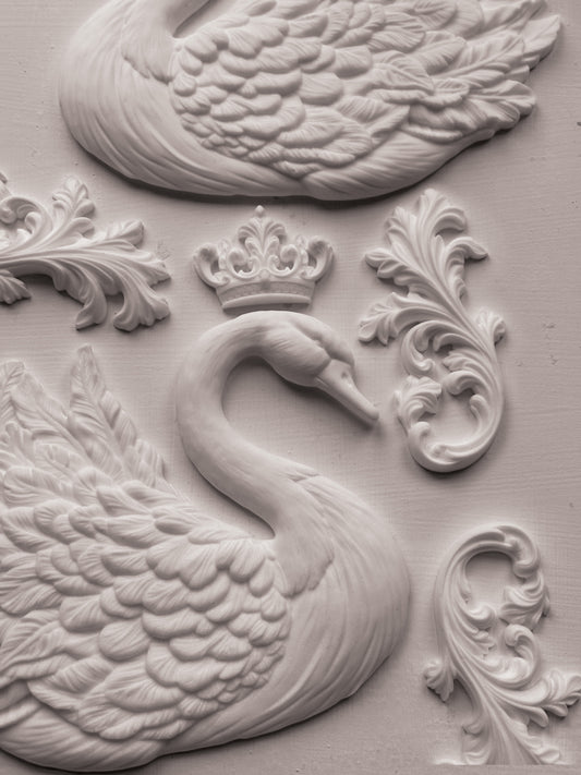 Decorative wall piece with swan design and crown from Iron Orchid Designs Swans Mould