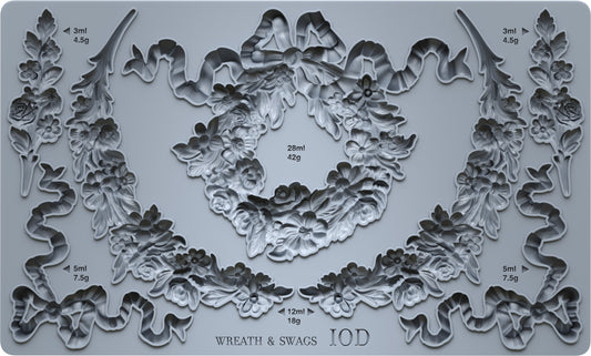 Decorative mould with wreath and swag designs on a grey background from Iron Orchid Designs