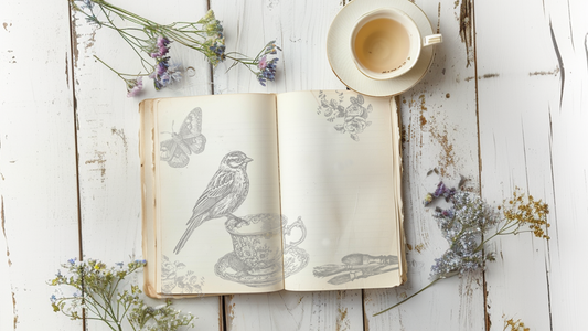 An open book stamped with a bird, butterfly and cup from Iron Orchid Designs Charlotte stamp. the vintage styled book is standing on a white planked surface next to real foliage and a cup of tea
