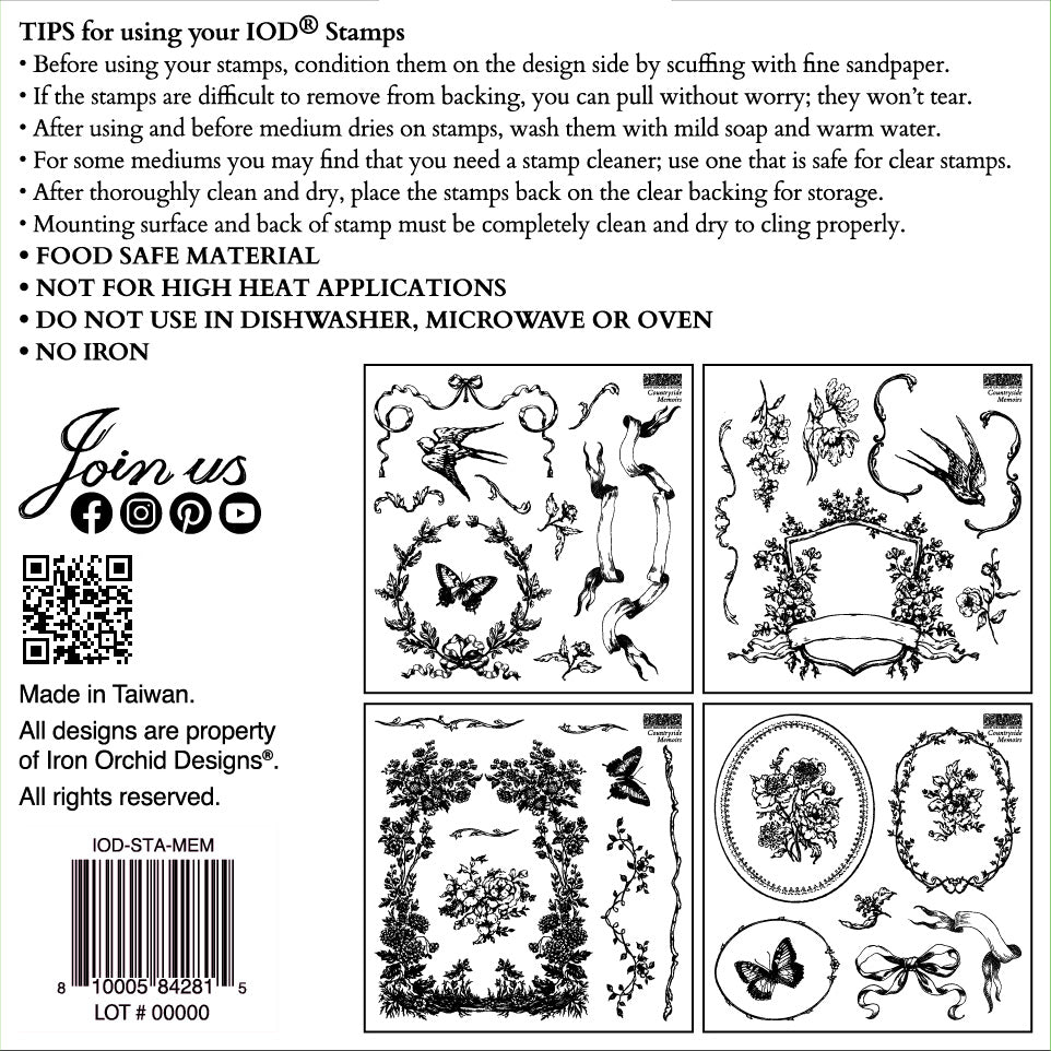 Black on white images of the back of the packet of Iron Orchid Designs Countryside Memoirs stamp