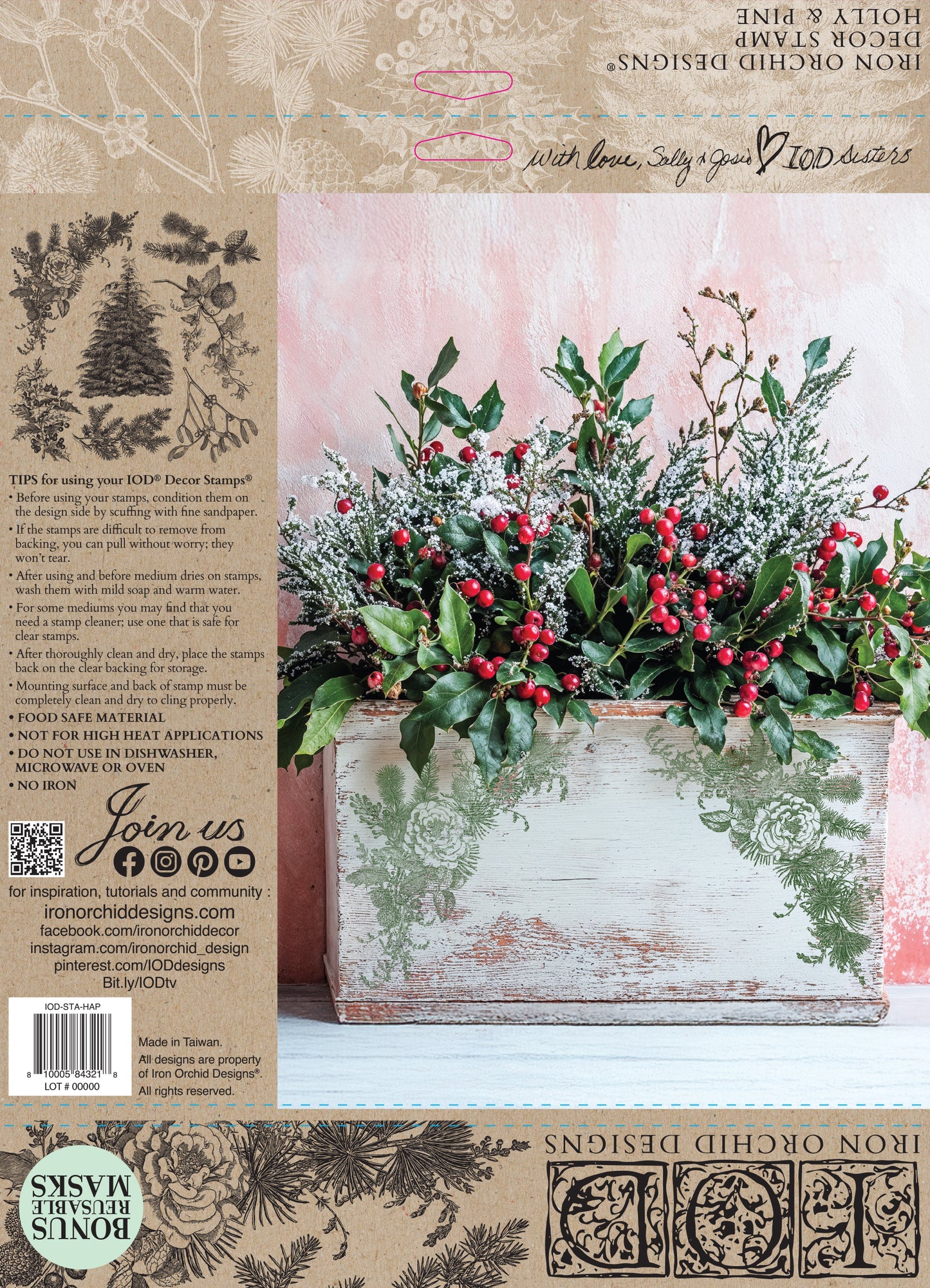 Decorative stamped floral arrangement image next to instructions for stamp use from Iron Orchid designs