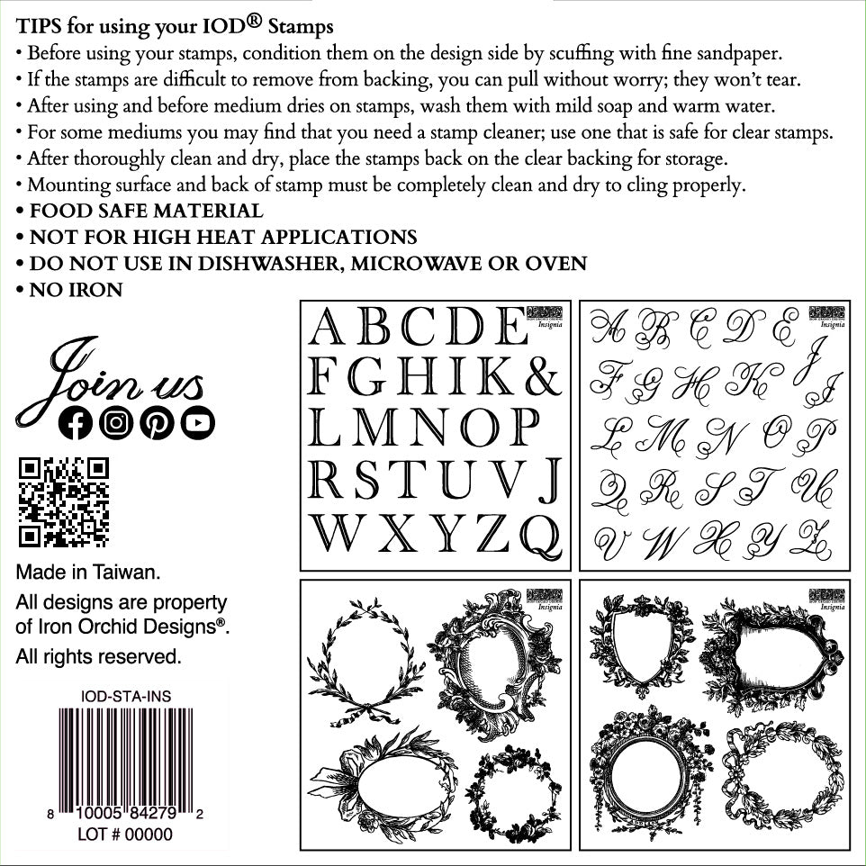 Black on white image of the back of the packet of Iron Orchid Designs Insignia stamp