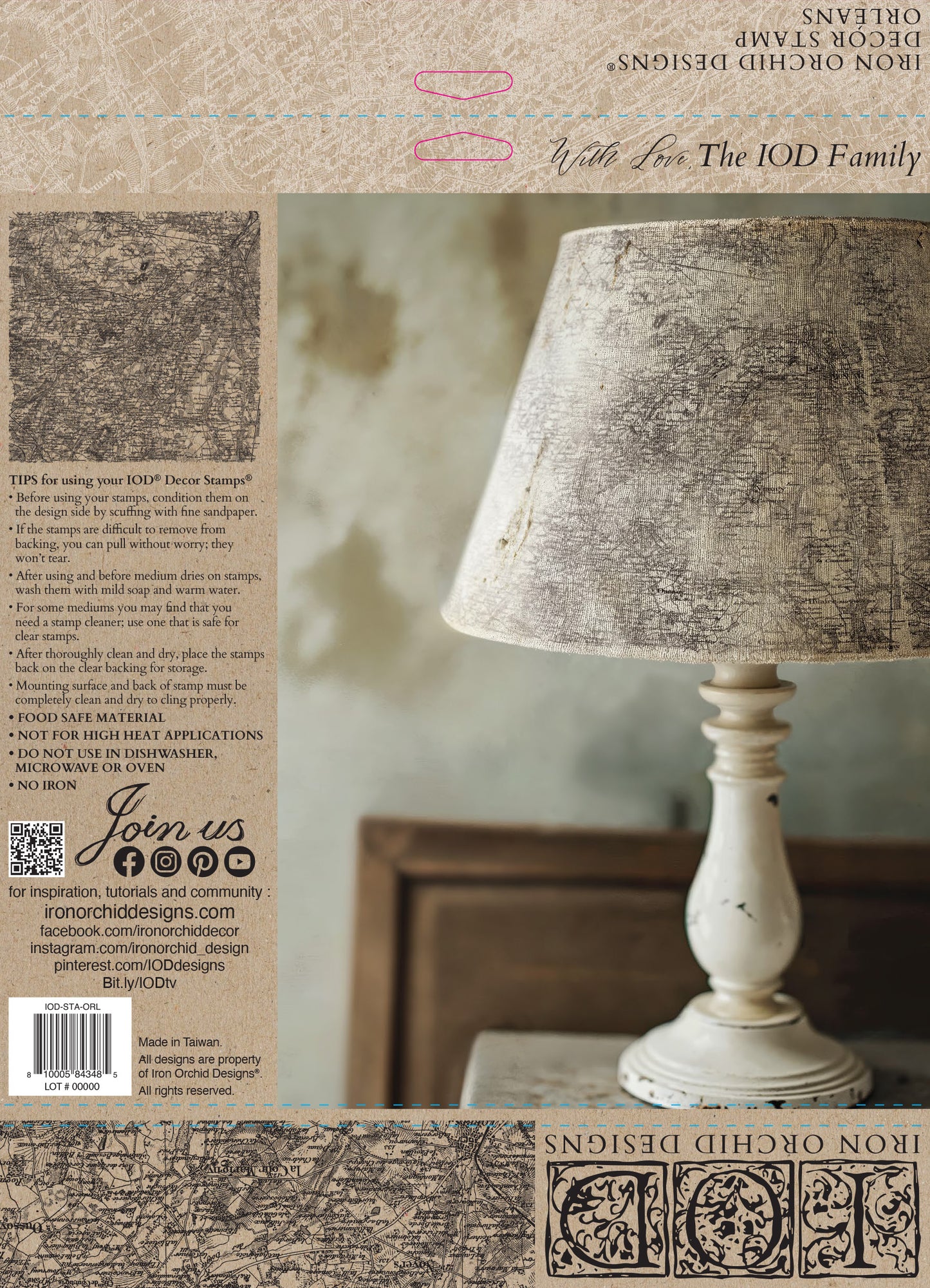 Lamp with textured shade on a wooden surface, surrounded by text and branding elements from the Orleans stamp by Iron Orchid Designs