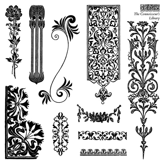 Collection of black decorative flourishes and ornaments on a white background from Iron Orchid Designs The Connoisseur's Library stamp