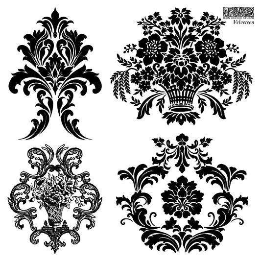 Black on white images of Iron Orchid Designs Velveteen Stamp showing four decorative imaged