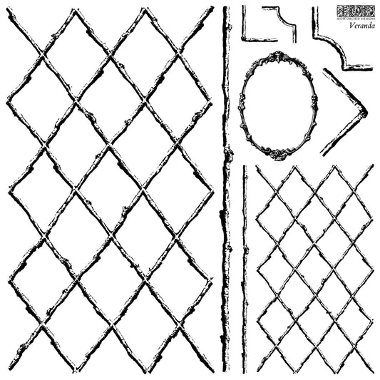 A black on white image showing the intricate lattice work on iron Orchid Designs Veranda stamp. There is also a circular frame and corner stamps
