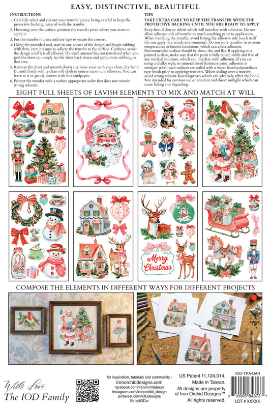 Instruction sheet for a Christmas-themed transfer, showing multiple sample stitched designs of trees, snowmen, houses, ornaments, and holiday scenes, along with written instructions and small framed preview examples. From Iron Orchid Designs.