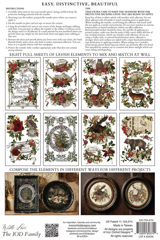 Instruction sheet for Lavish Elements quilting pattern by The IOD Family, showing eight decorative floral and animal embroidery designs, assembly instructions, and example finished circular quilt designs.