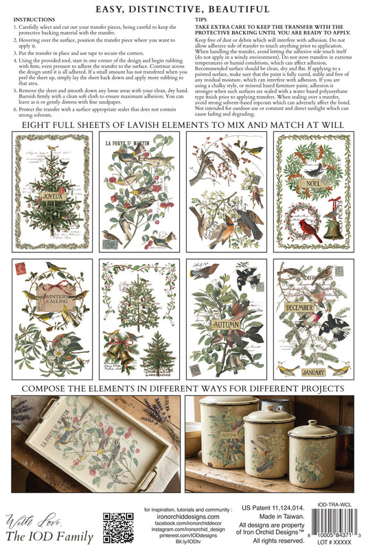 A printed instruction sheet for a decorative craft showing illustrated vintage botanical and bird designs, a large instruction text block at the top, and small example composited panels at the From Iron Orchid Designs.