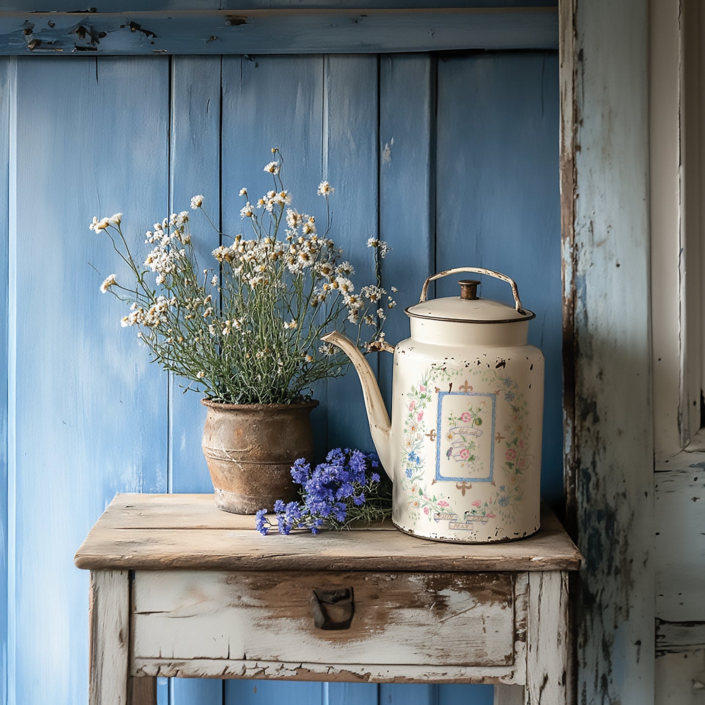 Vintage-style teapot decorated with flowers from Iron Orchid Designs. The teapot is on a wooden table against a blue wall.