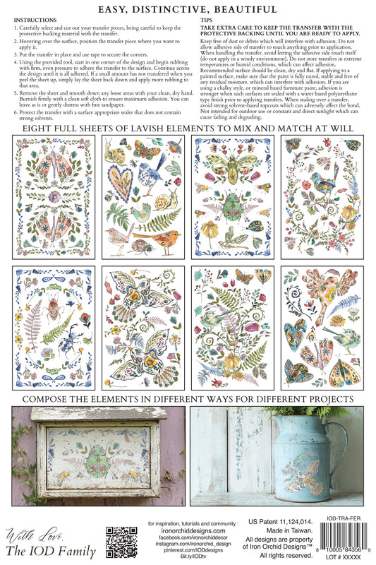 Sheet of floral and nature-themed folk inspired patterns with IOD branding from Iron Orchid Designs Fern Fables transfer