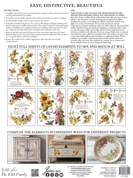 Floral design transfer sheets with instructions and examples on a white background from Iron Orchid Designs Flowers By The Poets transfer