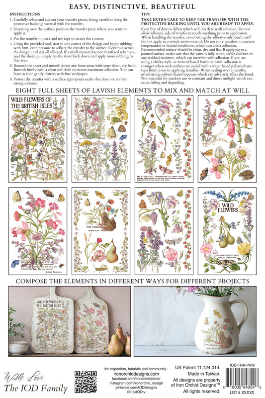 Sheet of floral and nature-themed transfers and instructions with IOD branding from Iron Orchid Designs Primrose Isle Transfer