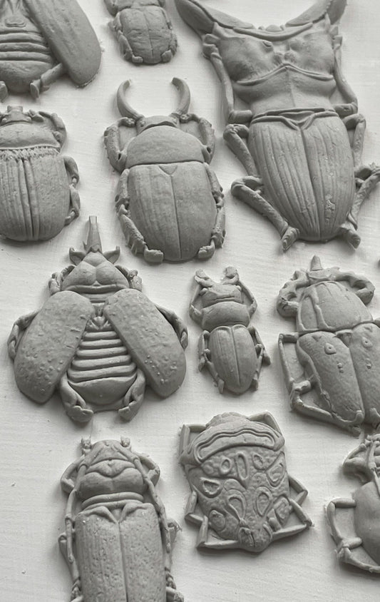 White clay castings on a white background from Iron Orchid Designs Specimens mould. The image shows intricately designed beetles and bugs