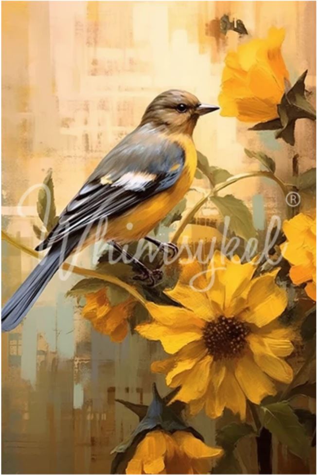 A painted artwork showing a small bird perched among bright yellow flowers against a soft beige and brown background. A large translucent script watermark overlays the center of the artwork. Whimsykel designs.