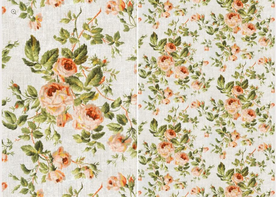 A close-up of a floral fabric pattern with peach roses and green leaves on a light beige background, shown in two vertical panels side by side. Roycycled papers