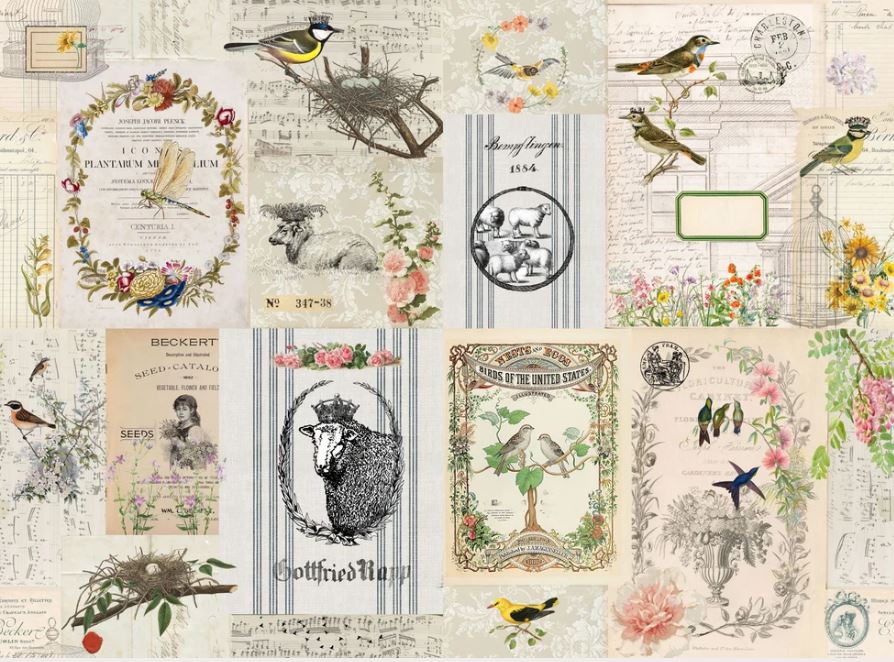 A vintage-style collage print featuring illustrated birds, floral wreaths, old newspaper clippings, postage stamps, a sheep portrait, and decorative labels on a cream background. Roycycled papers