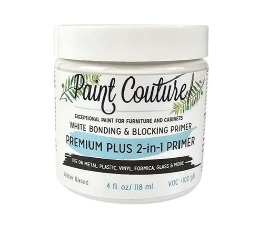 A white plastic jar of Paint Couture Premium Plus 2-in-1 Primer with a white lid, shown on a plain white background.