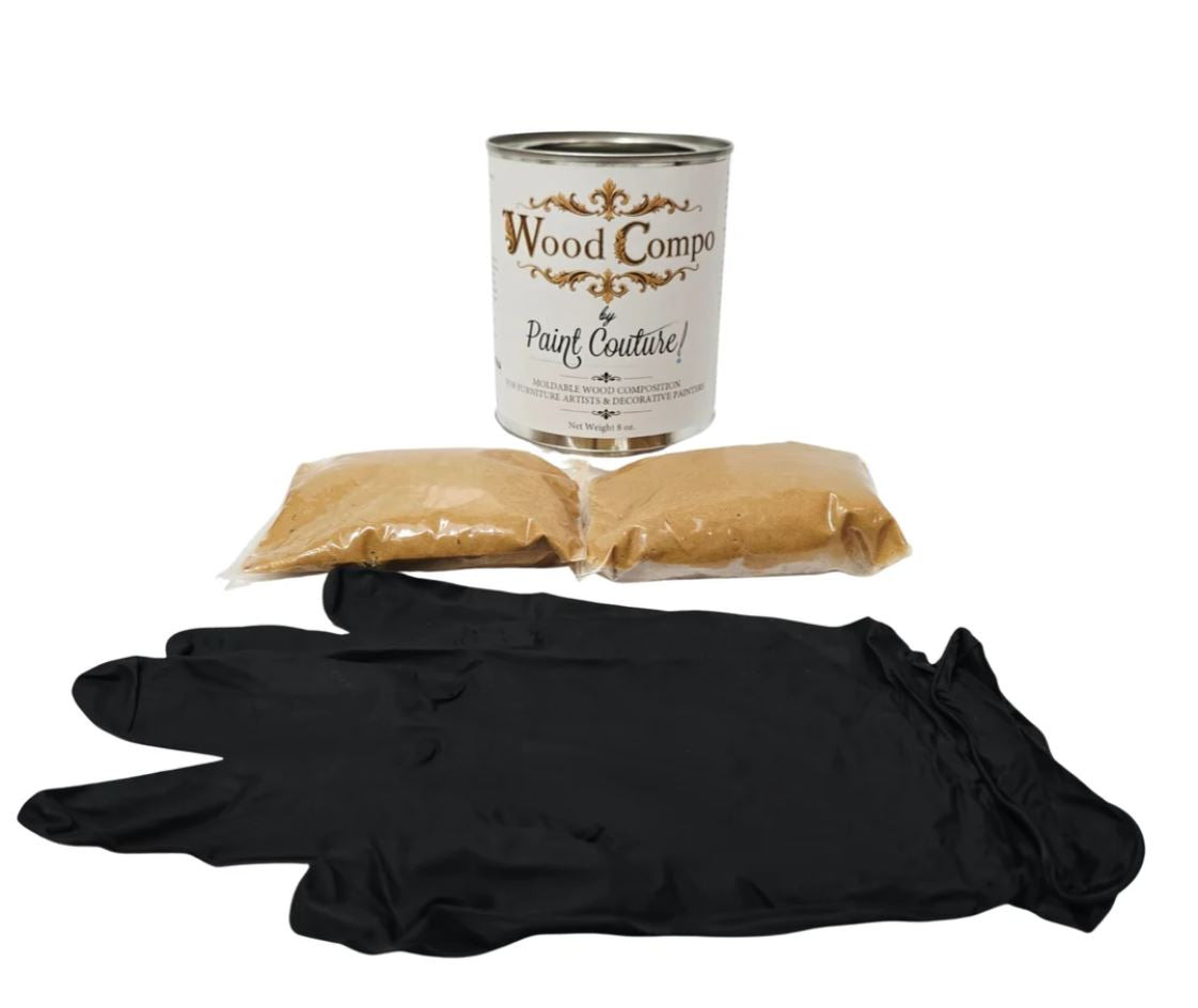 Wood Compo Paint Couture kit containing a white canister, two clear bags of tan powder, and a pair of black nitrile gloves, arranged on a white background.