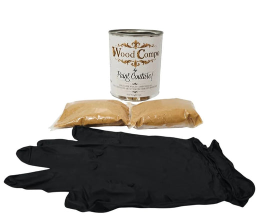 Wood Compo Paint Couture kit containing a white canister, two clear bags of tan powder, and a pair of black nitrile gloves, arranged on a white background.