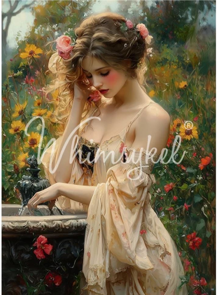 A vintage-style painting of a woman in a flowing cream dress standing beside a fountain in a flower garden, with a large translucent 'Whimsical' watermark across the center.