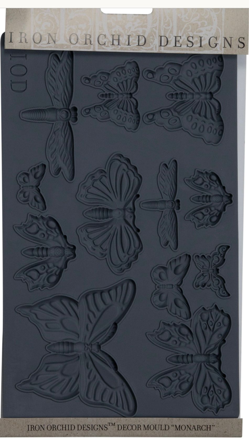 Iron Orchid Designs Monarch mould front of packet. A grey silicone with twelve butterfly designs on a white background.