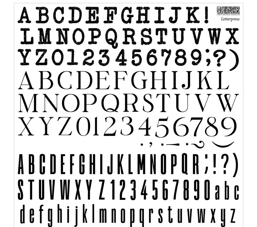Three different fonts of letters and numbers on Iron Orchid Designs Letterpress 12" x 12" Stamps