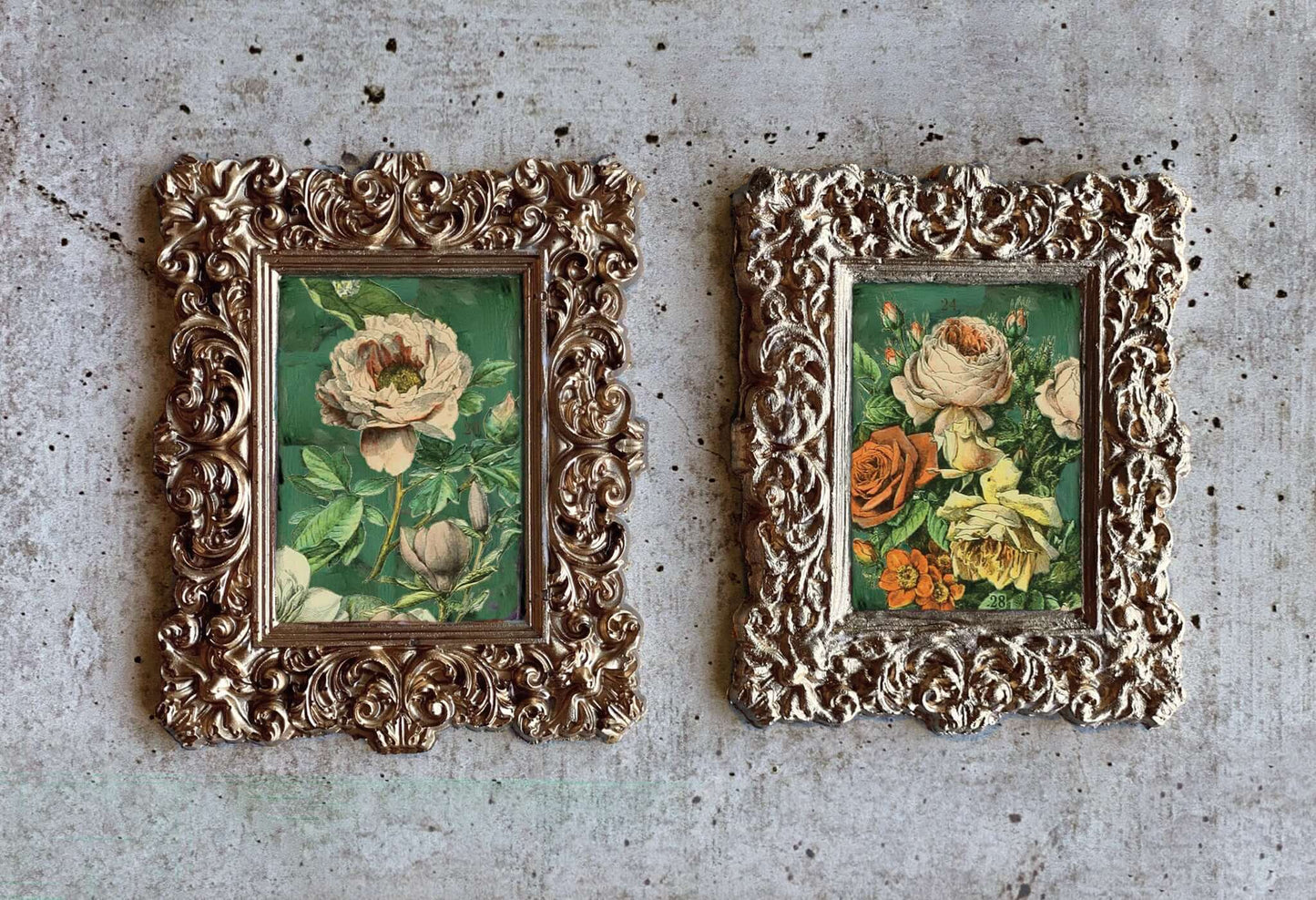 Iron Orchid Designs Millot's Pages Transfer used to make two tiny pictures with decorative painted frames