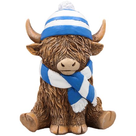 Highland Cow in Blue & White Striped Hat & Scarf