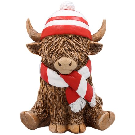 Highland Cow in Red & White Hat & Scarf