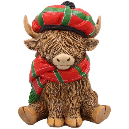 Highland Cow in Tartan Hat & Scarf