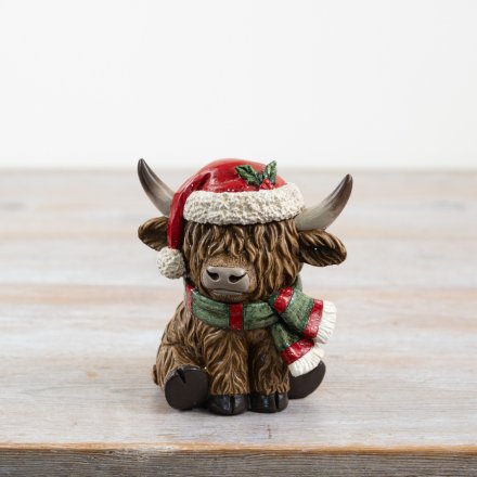 Highland Cow in Christmas Hat and Scarf