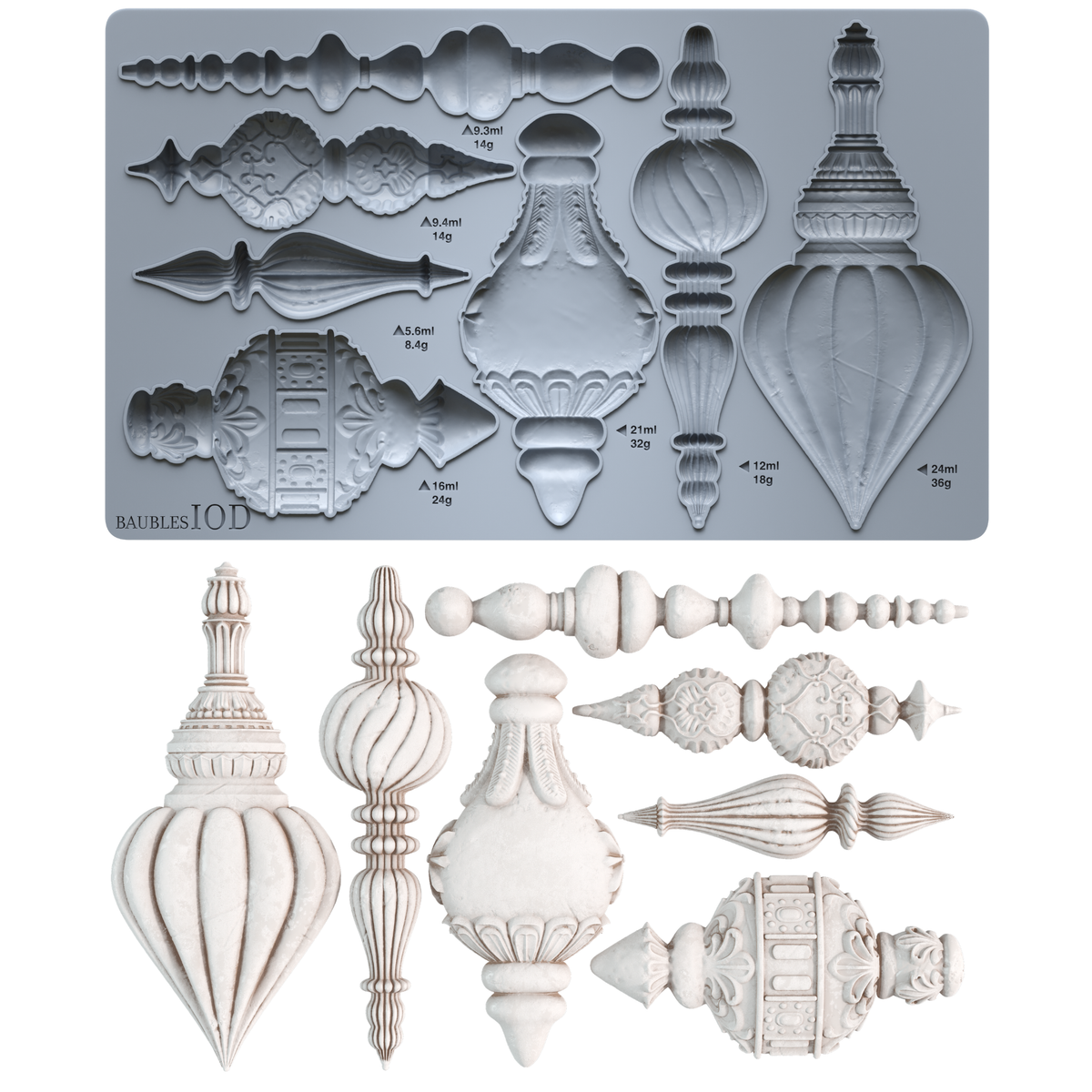 A silicone mold tray at the top shows multiple ornate architectural ornament cavity designs with small printed measurements. Below the tray are the corresponding molded ornament pieces in an off-white/ivory finish, arranged on a plain white background. Baubles mould by Iron Orchid Designs.