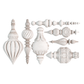 A set of ornate white decorative finials and trim pieces arranged on a plain white background, including pointed, ribbed, fluted, and carved architectural hardware styles. Baubles mould by Iron Orchid Designs.