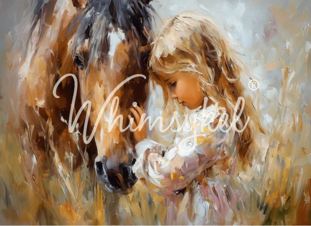 Painting of a child and horse with 'Whimsical' logo. Whimsykel designs.
