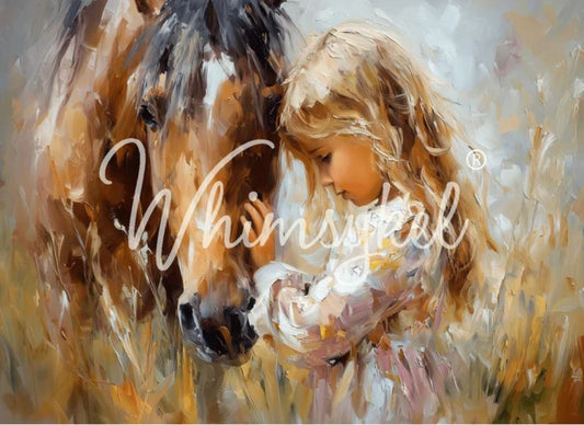 Painting of a child and horse with 'Whimsical' logo. Whimsykel designs.