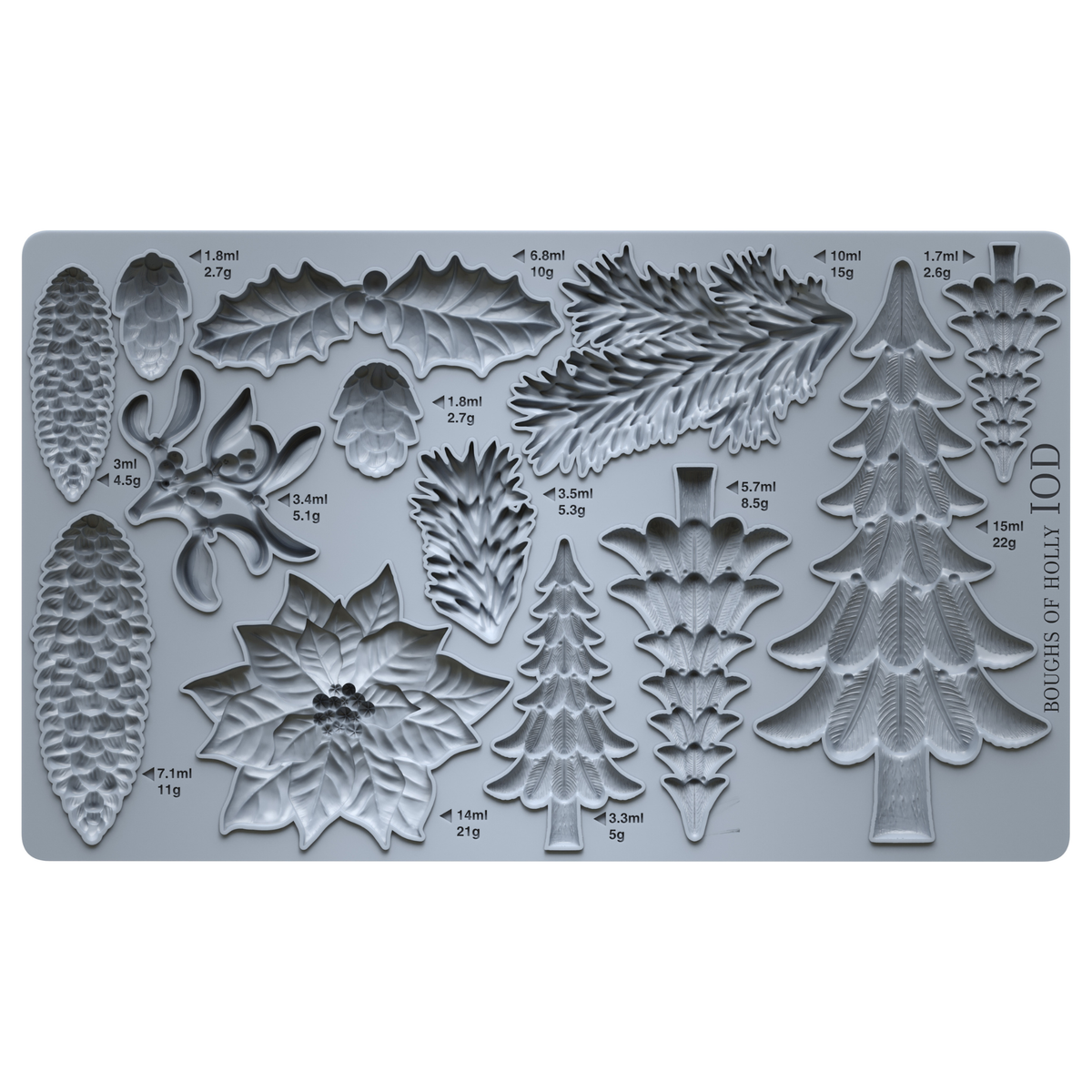 A gray silicone baking or craft mold tray with multiple embossed holiday botanical and tree shapes, including pinecones, holly leaves, mistletoe, and Christmas trees, each labeled with volume and weight measurements. Boughs of Holly Iron Orchid Designs