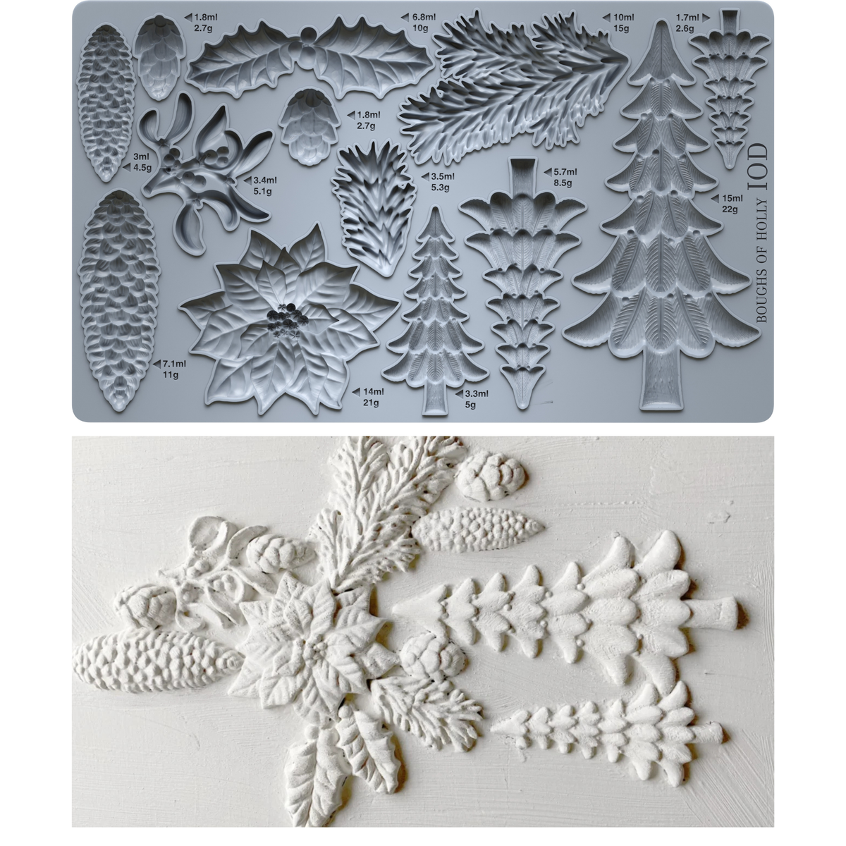 A mold tray with embossed Christmas tree, pinecone, holly, and floral shapes, shown above a white textured surface with the corresponding white embossed decorations. Boughs of Holly Iron Orchid Designs