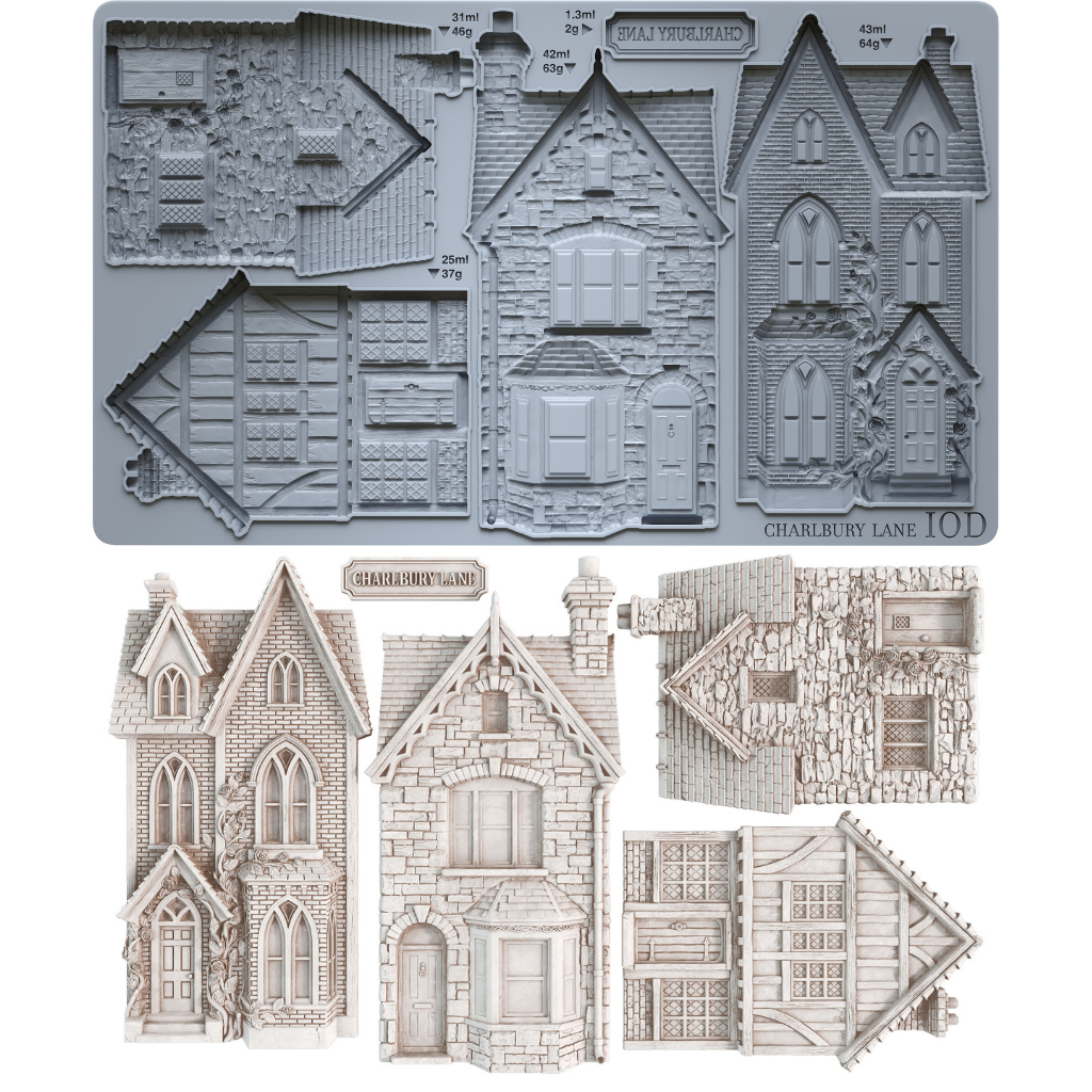A set of miniature Victorian house templates and roof designs shown both assembled in gray and as clay castings on a white background. The text 'Charlbury Lane'' and '10D' are visible on the gray assembled sheet. From Iron Orchid Designs.