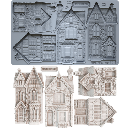 A set of miniature Victorian house templates and roof designs shown both assembled in gray and as clay castings on a white background. The text 'Charlbury Lane'' and '10D' are visible on the gray assembled sheet. From Iron Orchid Designs.