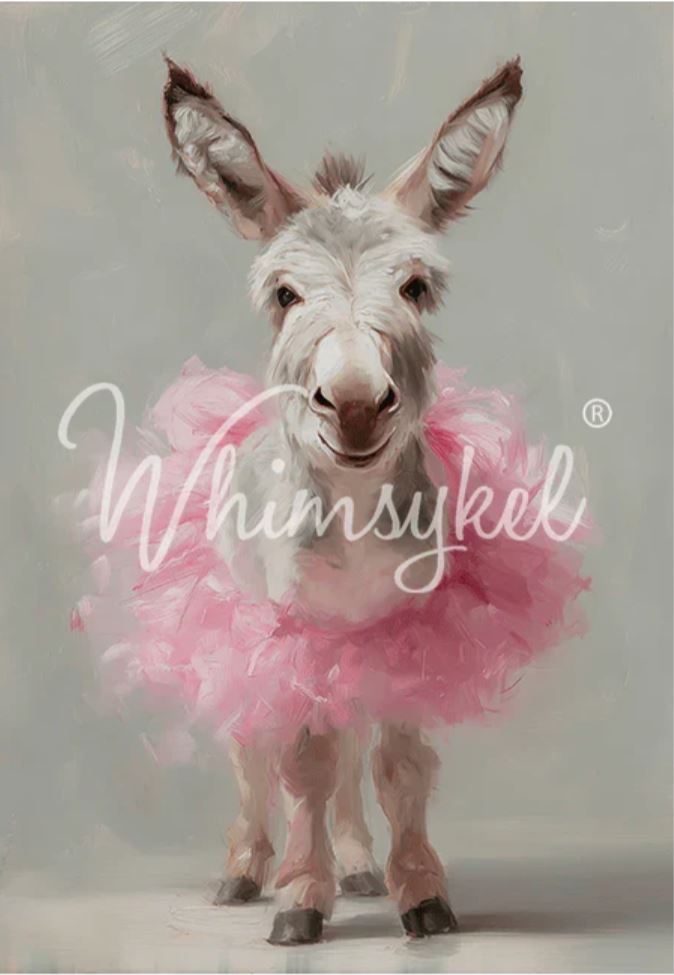 A stylized portrait of a donkey wearing a fluffy pink tutu, rendered in a soft painterly style. A large white script watermark reading 'Whimsykel' overlays the center of the image.