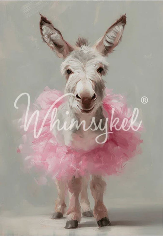 A stylized portrait of a donkey wearing a fluffy pink tutu, rendered in a soft painterly style. A large white script watermark reading 'Whimsykel' overlays the center of the image.