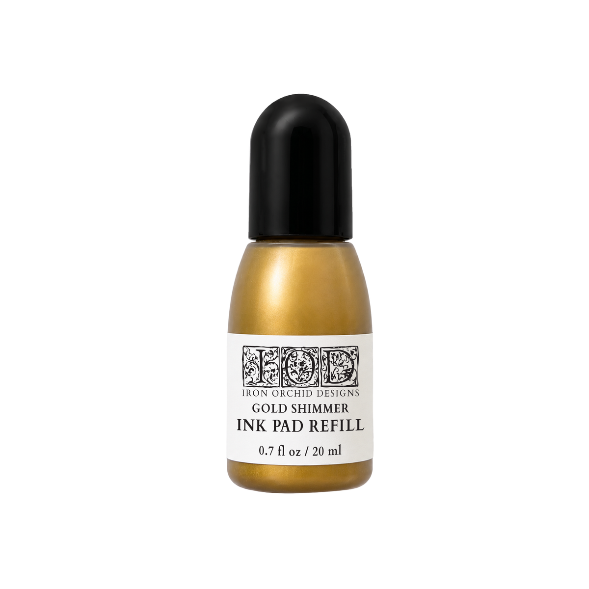 Iron Orchid Designs Gold Shimmer Ink Pad Refill in a 0.7 fl oz bottle with a black cap and white label, on a white background.