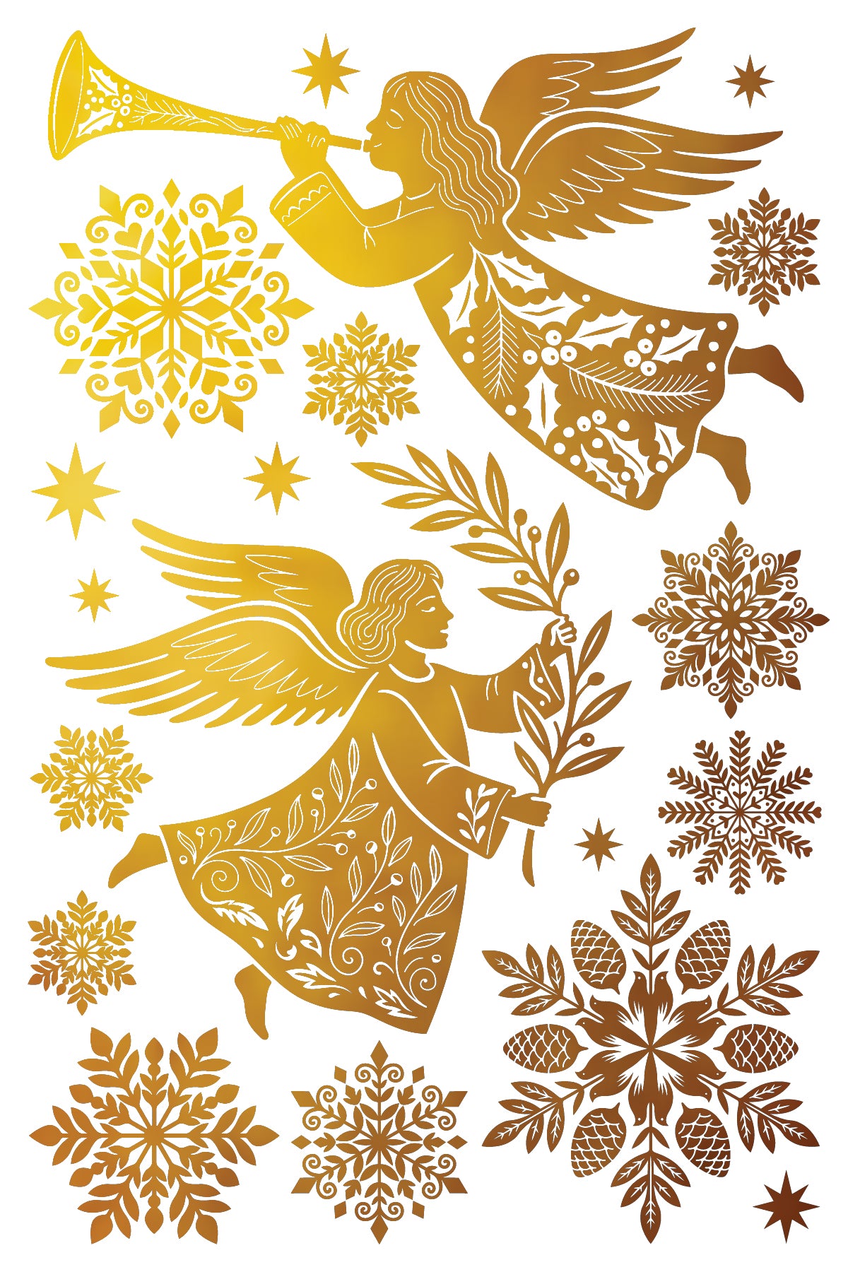 A festive graphic design featuring two gold-toned angels with wings, surrounded by intricate gold snowflakes and star motifs on a white background. From Iron Orchid Designs