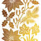 A set of Christmas-themed botanical cutout designs in metallic gold and bronze tones on a white background, including poinsettias, mistletoe, holly, pine branches, daffodils, and a pinecone. From Iron Orchid Designs