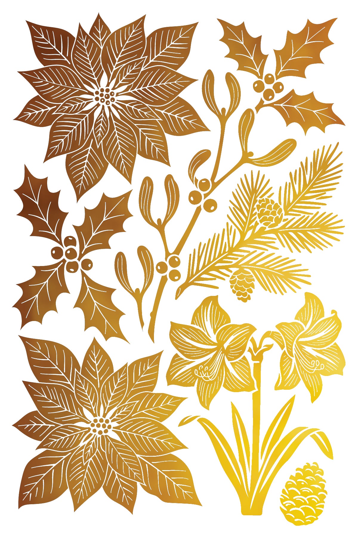 A set of Christmas-themed botanical cutout designs in metallic gold and bronze tones on a white background, including poinsettias, mistletoe, holly, pine branches, daffodils, and a pinecone. From Iron Orchid Designs