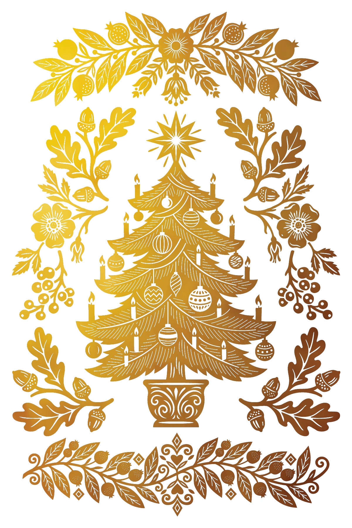 A decorative gold-toned Christmas tree illustration framed by ornate floral and leaf garlands on a white background. From Iron Orchid Designs
