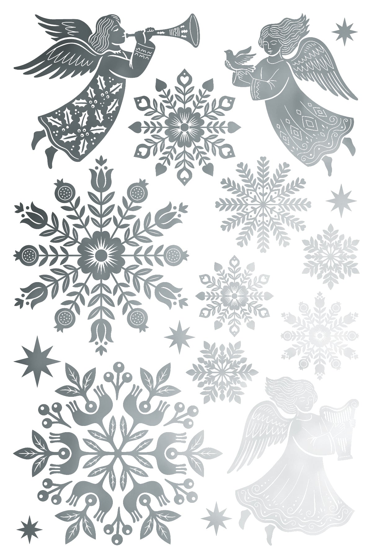 A sheet of silver holographic foil stickers featuring Christmas designs, including two angels, snowflakes, and stars, arranged on a white background. From Iron Orchid Designs